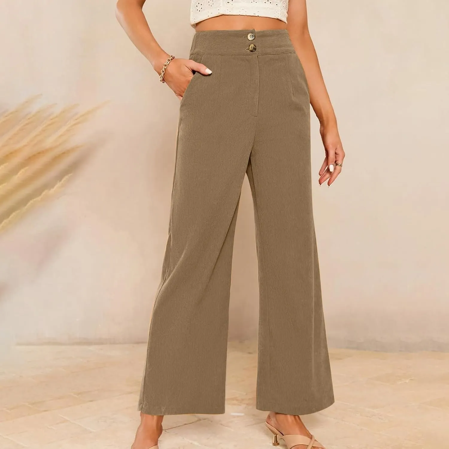 Womens Corduroy Pants Baggy Elastic Waist Wide Leg Pants Button Down Business Casual High Waisted Stretchy Work Pants