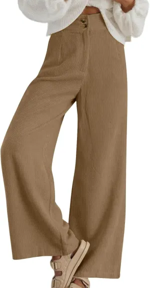 Womens Corduroy Pants Baggy Elastic Waist Wide Leg Pants Button Down Business Casual High Waisted Stretchy Work Pants