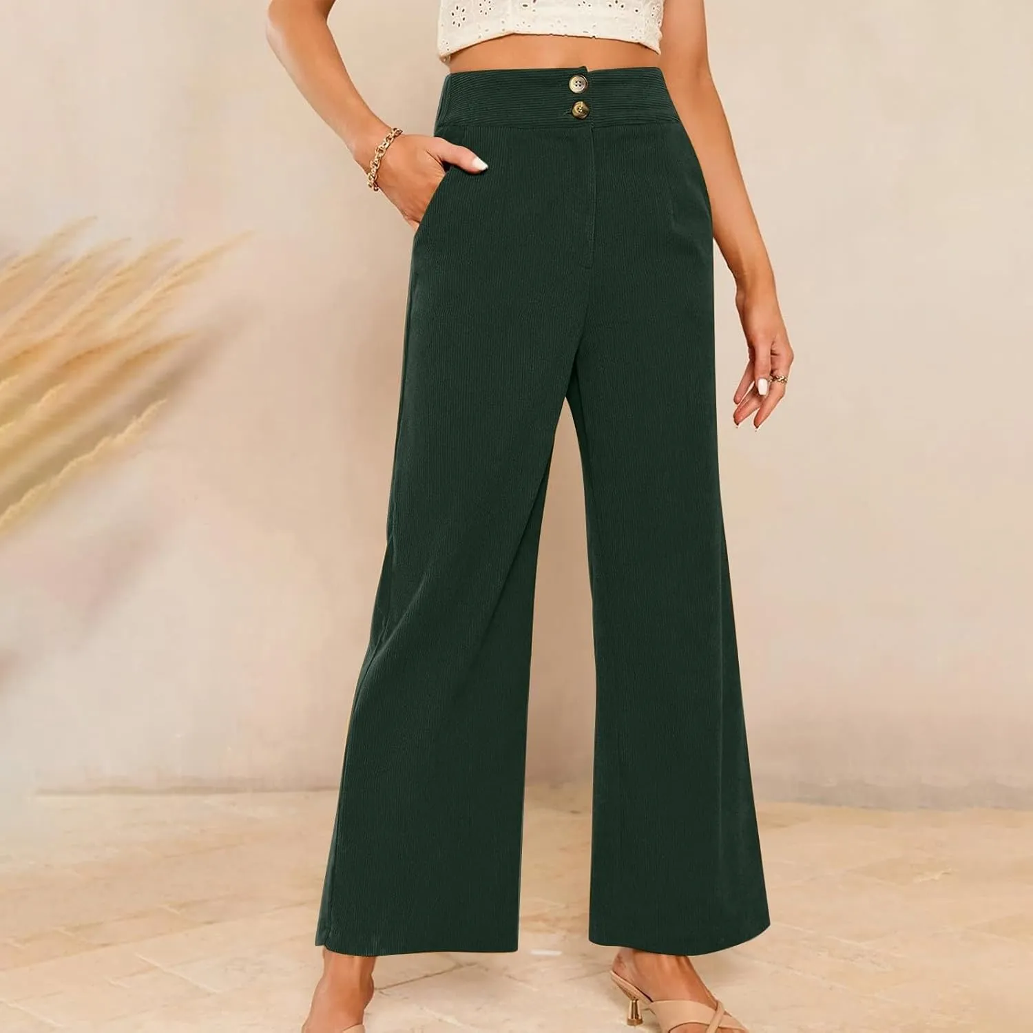 Womens Corduroy Pants Baggy Elastic Waist Wide Leg Pants Button Down Business Casual High Waisted Stretchy Work Pants