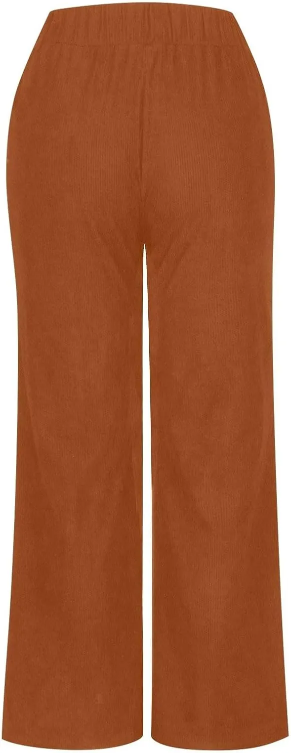 Womens Corduroy Pants Baggy Elastic Waist Wide Leg Pants Button Down Business Casual High Waisted Stretchy Work Pants