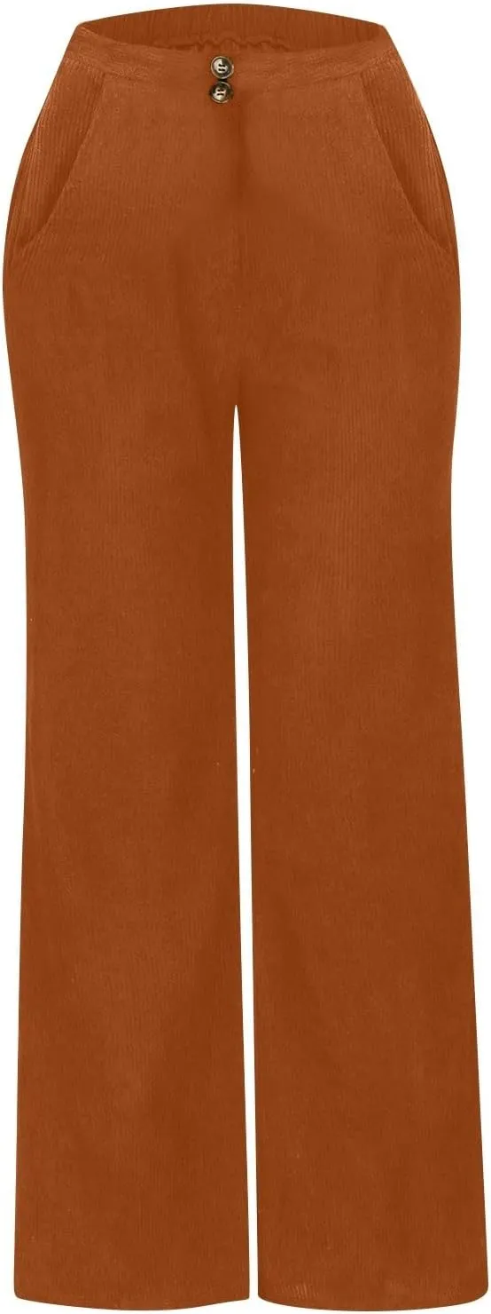 Womens Corduroy Pants Baggy Elastic Waist Wide Leg Pants Button Down Business Casual High Waisted Stretchy Work Pants