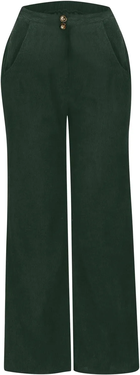 Womens Corduroy Pants Baggy Elastic Waist Wide Leg Pants Button Down Business Casual High Waisted Stretchy Work Pants
