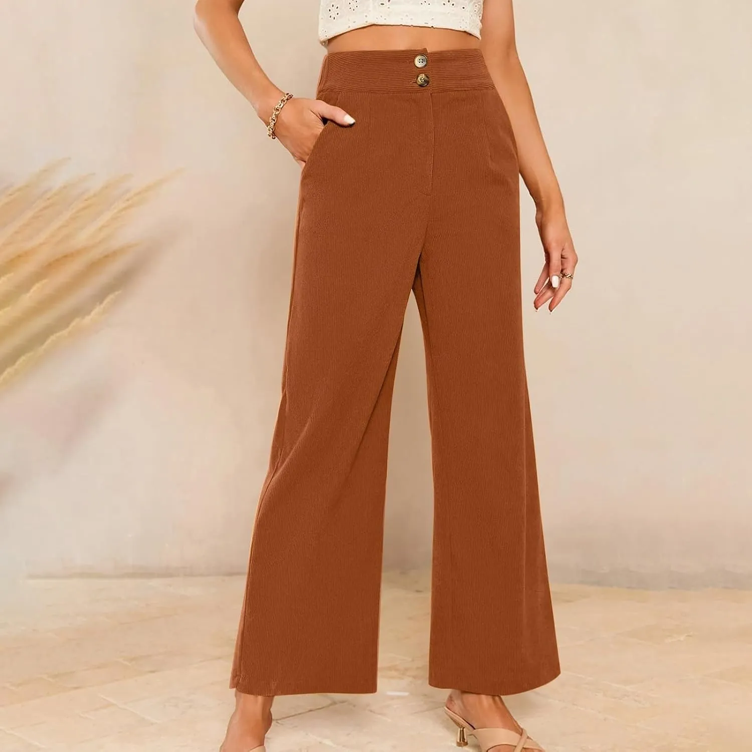 Womens Corduroy Pants Baggy Elastic Waist Wide Leg Pants Button Down Business Casual High Waisted Stretchy Work Pants