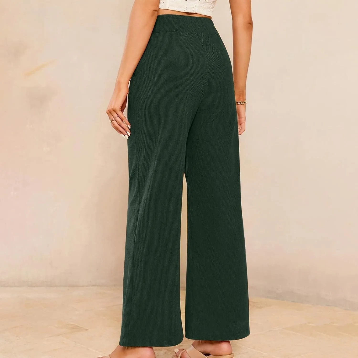 Womens Corduroy Pants Baggy Elastic Waist Wide Leg Pants Button Down Business Casual High Waisted Stretchy Work Pants