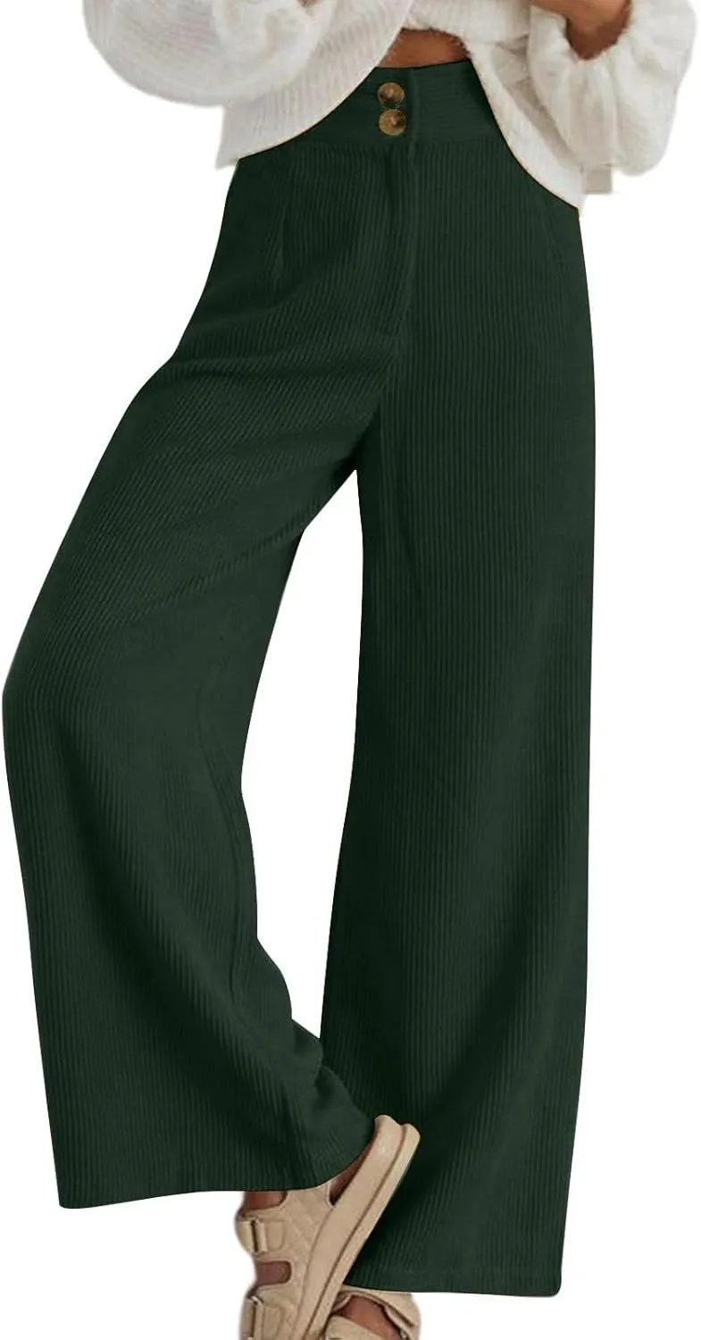 Womens Corduroy Pants Baggy Elastic Waist Wide Leg Pants Button Down Business Casual High Waisted Stretchy Work Pants
