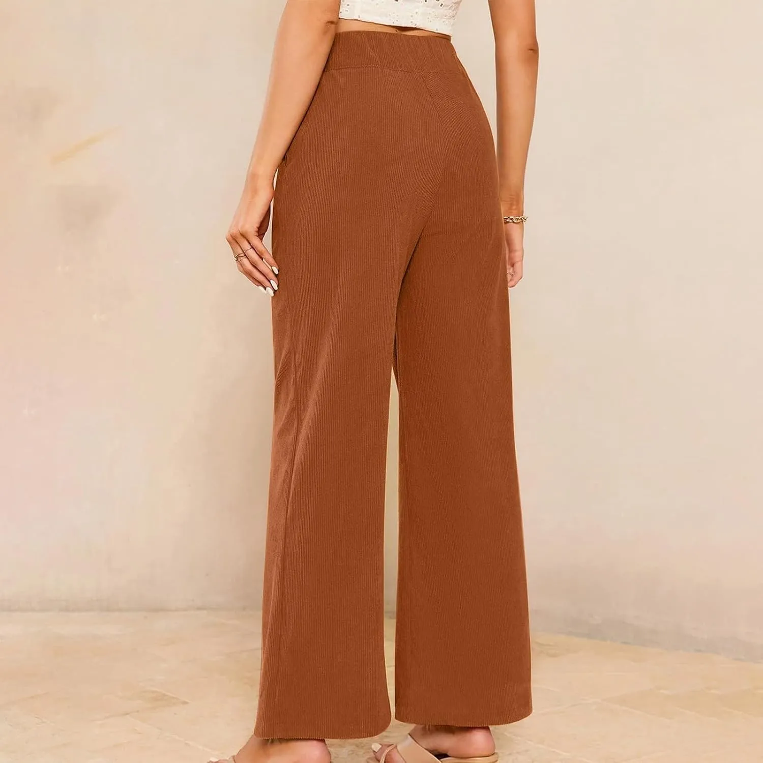 Womens Corduroy Pants Baggy Elastic Waist Wide Leg Pants Button Down Business Casual High Waisted Stretchy Work Pants