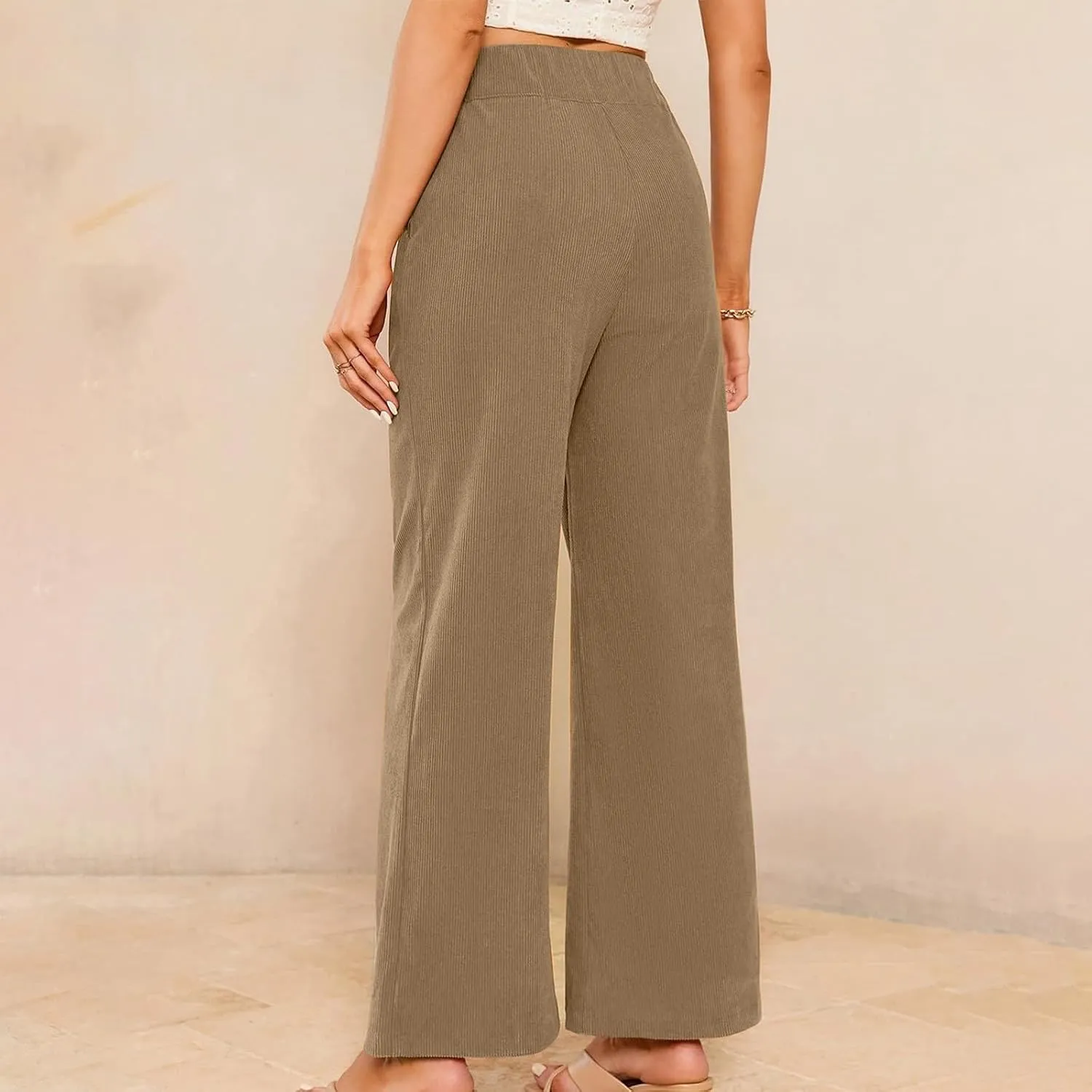 Womens Corduroy Pants Baggy Elastic Waist Wide Leg Pants Button Down Business Casual High Waisted Stretchy Work Pants