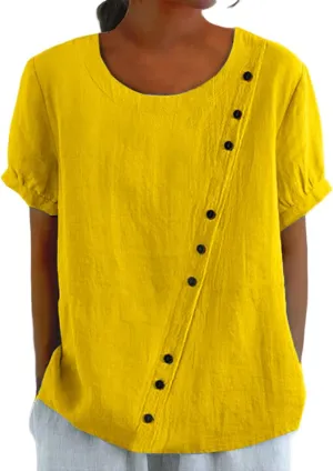 Women's Cotton Linen Boho Shirts Floral Summer Short Sleeve Top Lapel Button Neck Dressy Casual Loose Comfy Blouses