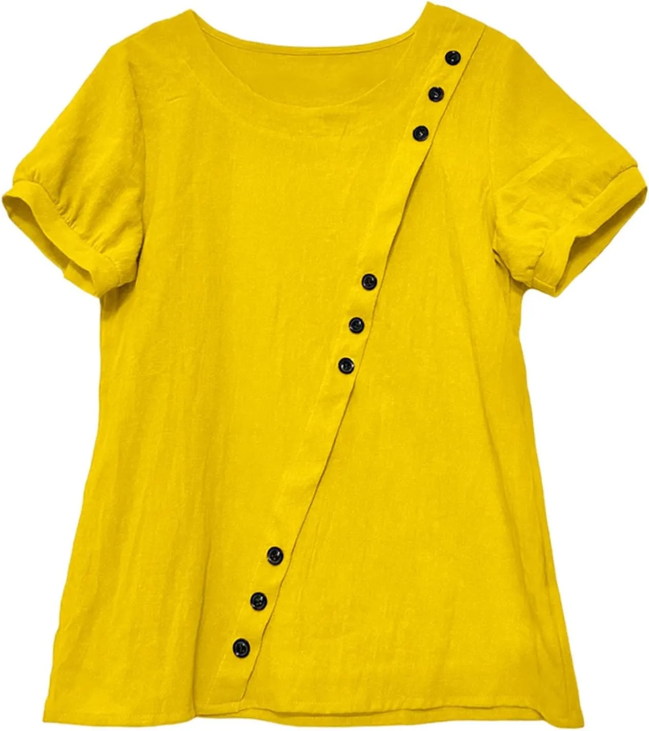 Women's Cotton Linen Boho Shirts Floral Summer Short Sleeve Top Lapel Button Neck Dressy Casual Loose Comfy Blouses