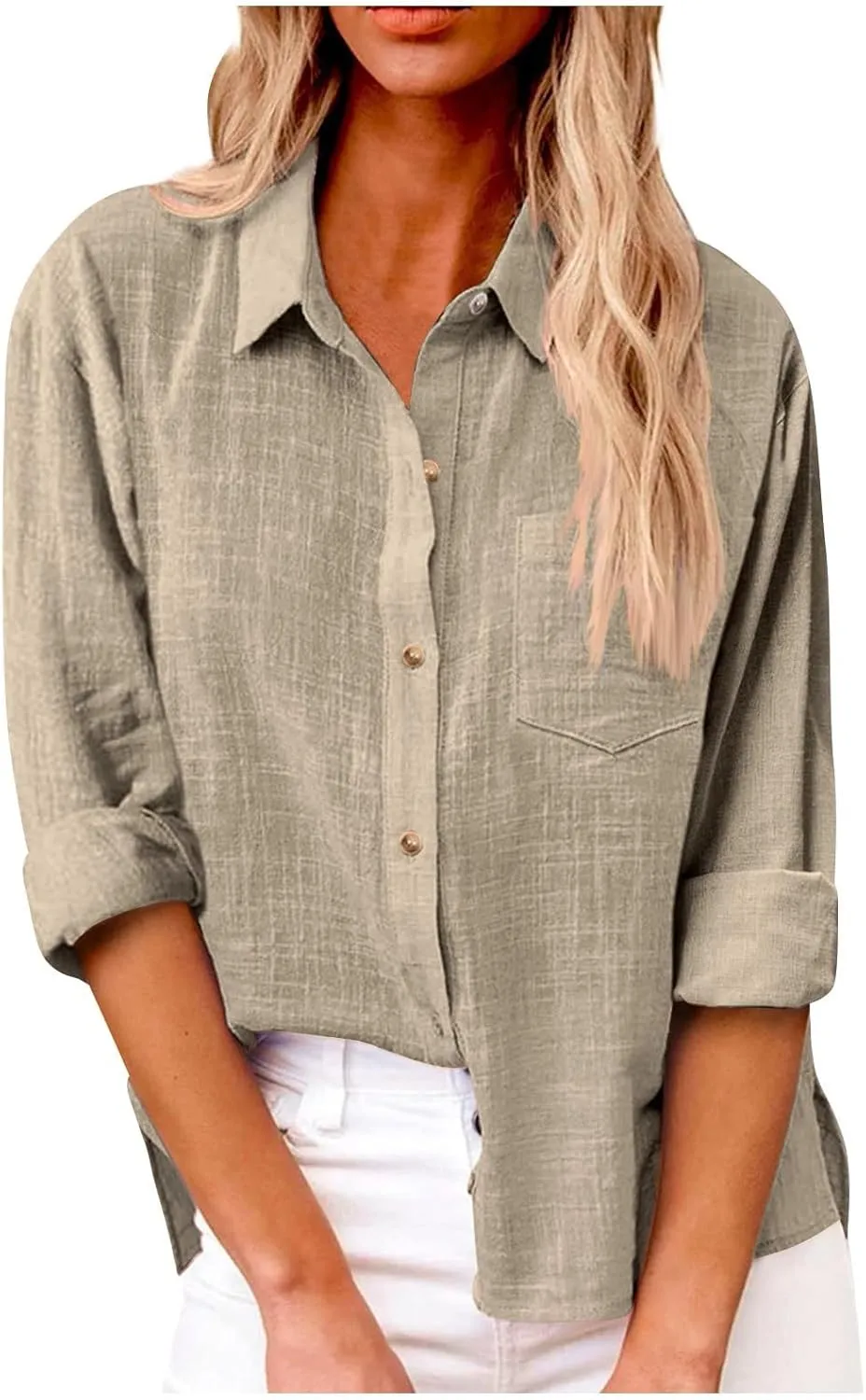 Womens Cotton Linen Button Down Shirt 2024 Spring Casual Long Sleeve Solid Color Shirts Loose Work Tops with Pockets
