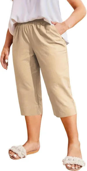 Womens Cotton Linen Capri Pants - Plus Size Lounge Cropped Trousers with Pocket for Summer Everyday Wear Loose