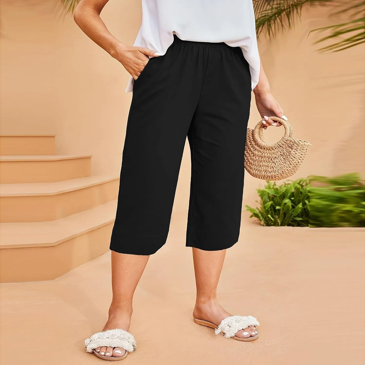 Womens Cotton Linen Capri Pants - Plus Size Lounge Cropped Trousers with Pocket for Summer Everyday Wear Loose