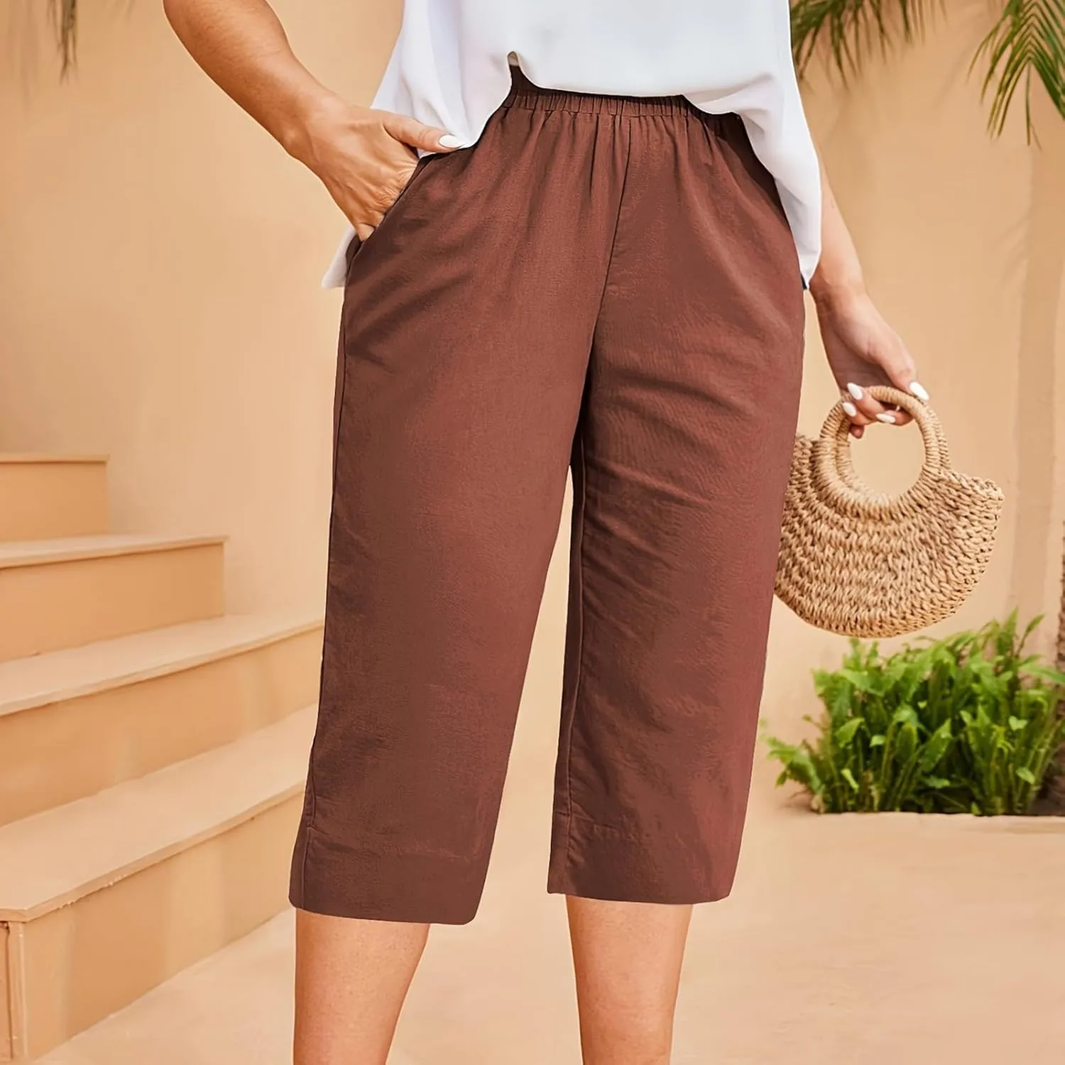 Womens Cotton Linen Capri Pants - Plus Size Lounge Cropped Trousers with Pocket for Summer Everyday Wear Loose