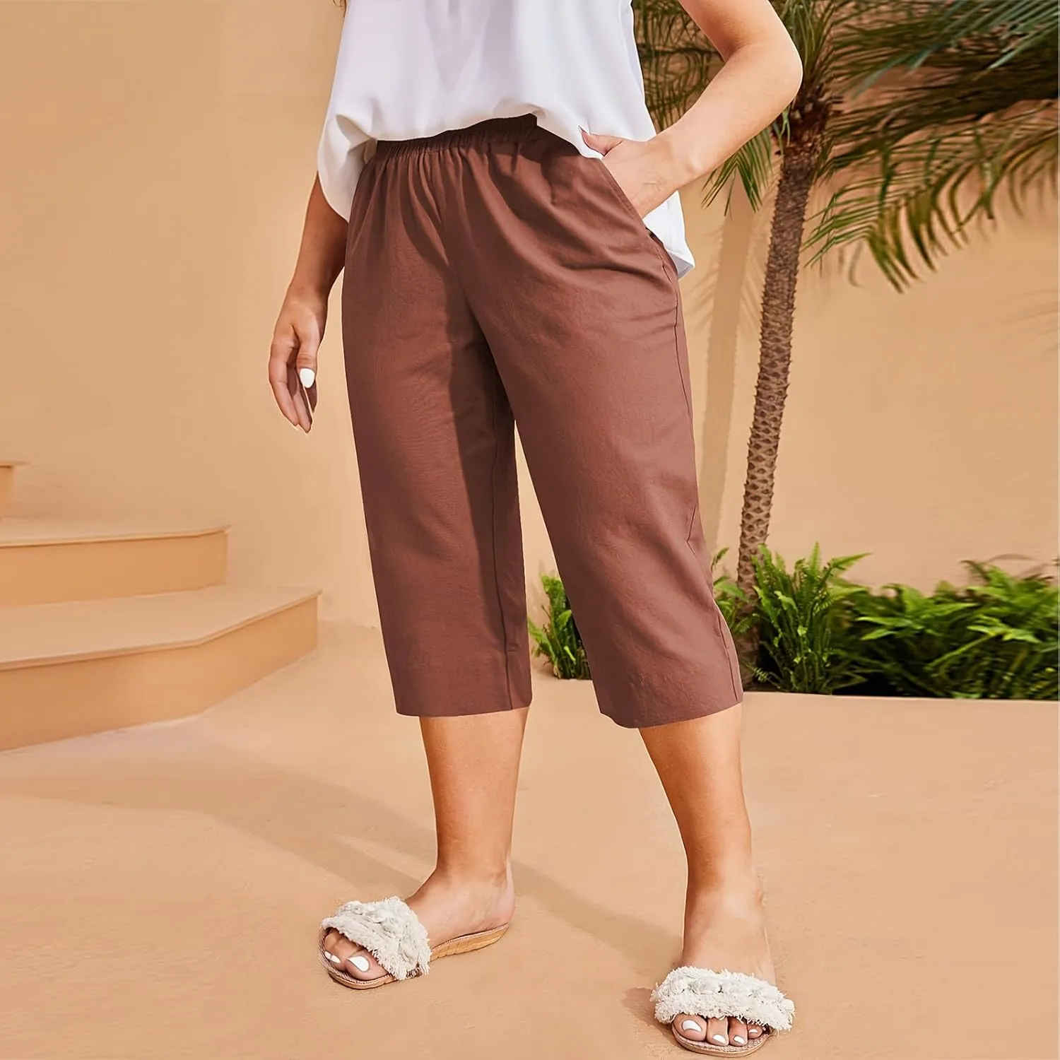 Womens Cotton Linen Capri Pants - Plus Size Lounge Cropped Trousers with Pocket for Summer Everyday Wear Loose