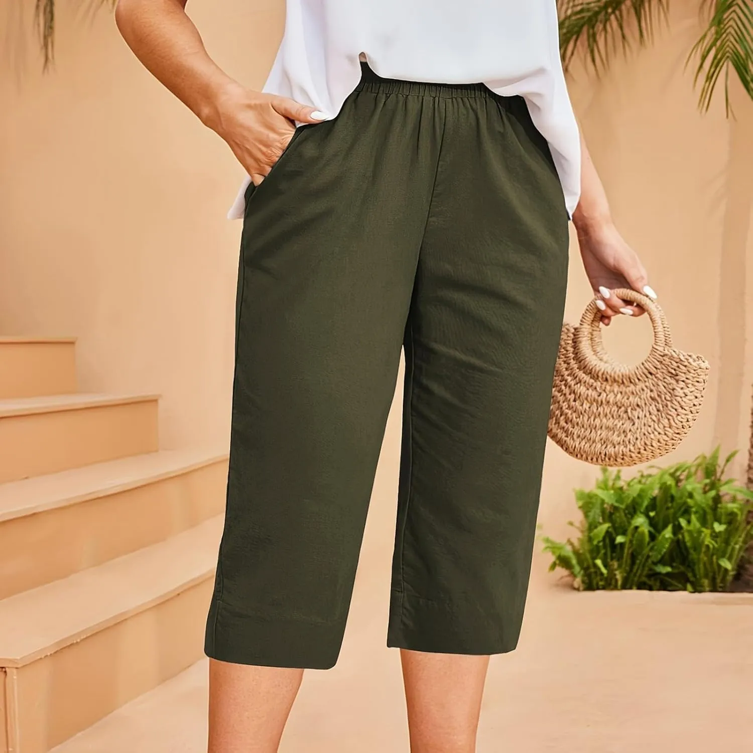 Womens Cotton Linen Capri Pants - Plus Size Lounge Cropped Trousers with Pocket for Summer Everyday Wear Loose