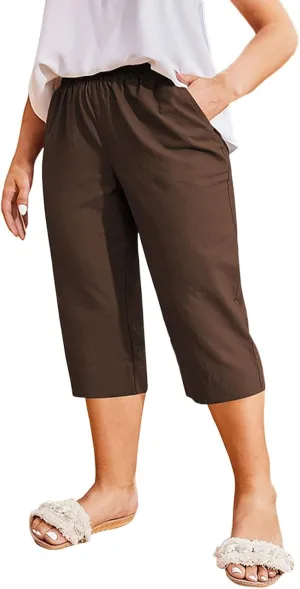 Womens Cotton Linen Capri Pants - Plus Size Lounge Cropped Trousers with Pocket for Summer Everyday Wear Loose