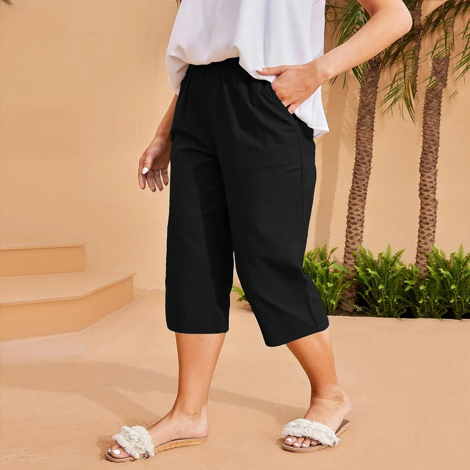 Womens Cotton Linen Capri Pants - Plus Size Lounge Cropped Trousers with Pocket for Summer Everyday Wear Loose