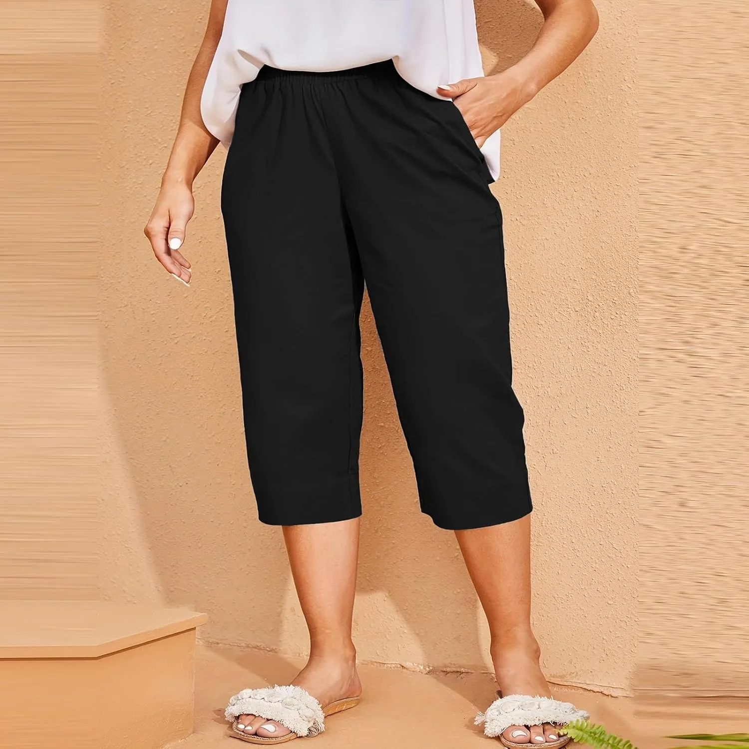 Womens Cotton Linen Capri Pants - Plus Size Lounge Cropped Trousers with Pocket for Summer Everyday Wear Loose