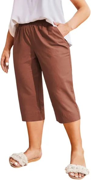 Womens Cotton Linen Capri Pants - Plus Size Lounge Cropped Trousers with Pocket for Summer Everyday Wear Loose