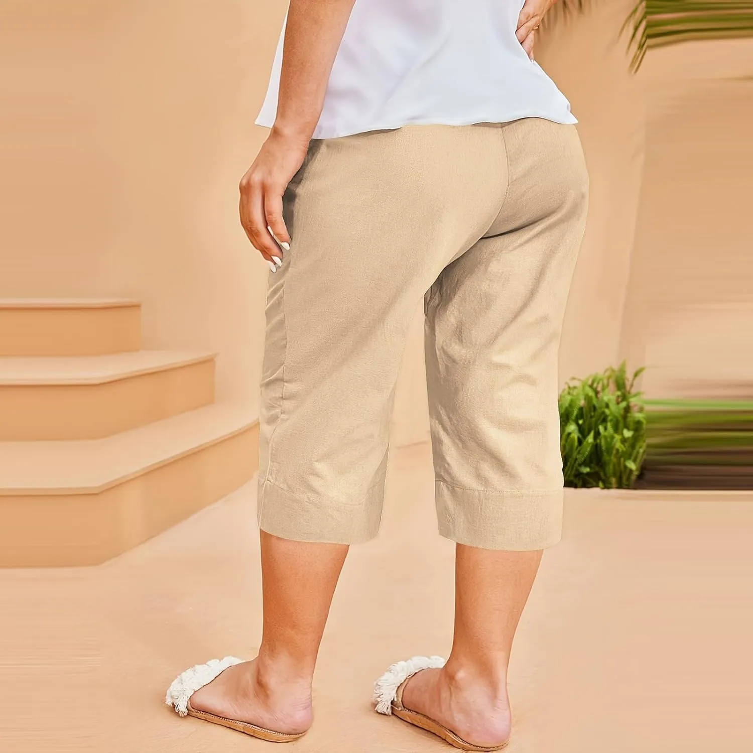 Womens Cotton Linen Capri Pants - Plus Size Lounge Cropped Trousers with Pocket for Summer Everyday Wear Loose