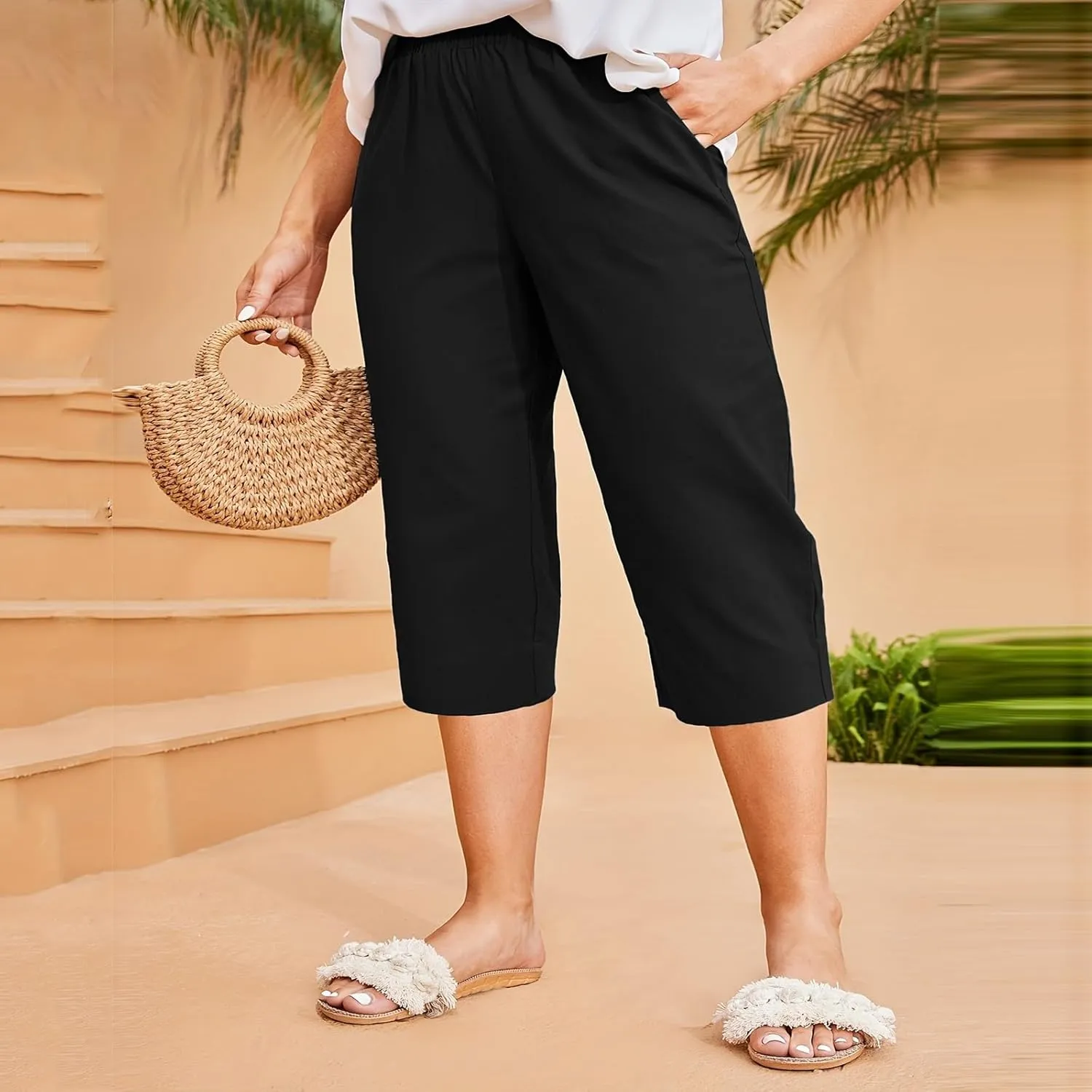 Womens Cotton Linen Capri Pants - Plus Size Lounge Cropped Trousers with Pocket for Summer Everyday Wear Loose
