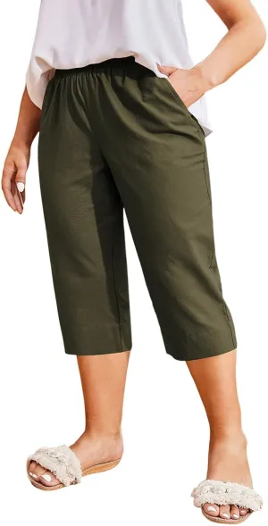 Womens Cotton Linen Capri Pants - Plus Size Lounge Cropped Trousers with Pocket for Summer Everyday Wear Loose