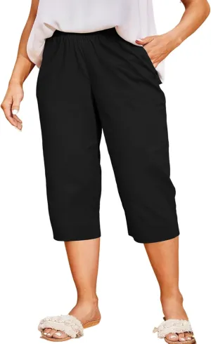 Womens Cotton Linen Capri Pants - Plus Size Lounge Cropped Trousers with Pocket for Summer Everyday Wear Loose