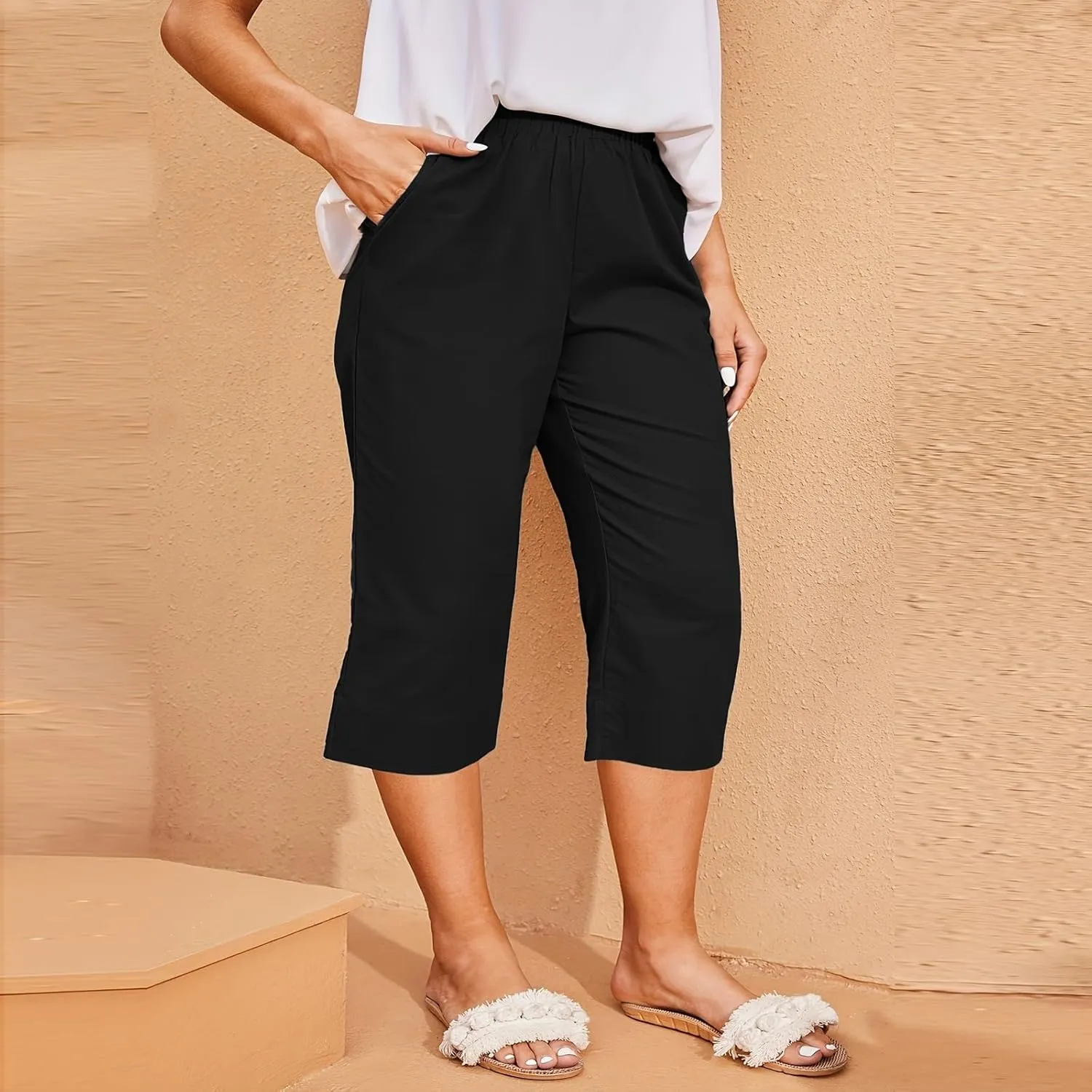 Womens Cotton Linen Capri Pants - Plus Size Lounge Cropped Trousers with Pocket for Summer Everyday Wear Loose