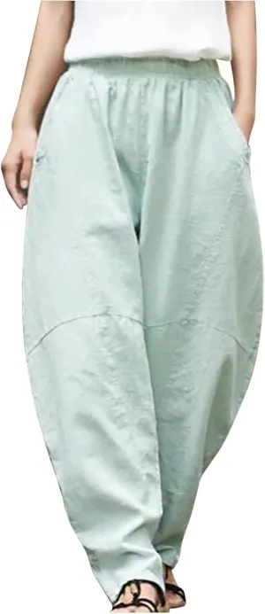 Womens Cotton Linen Pants Loose Fit Lantern Pants Summer Beach Boho Harem Pants Elastic Waist Plus Size Palazzo Pants