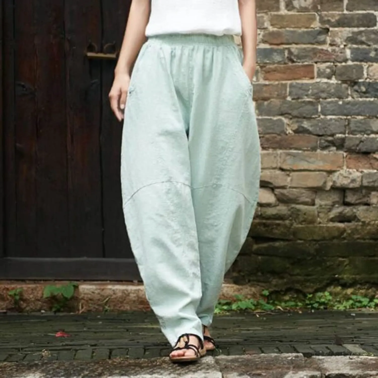 Womens Cotton Linen Pants Loose Fit Lantern Pants Summer Beach Boho Harem Pants Elastic Waist Plus Size Palazzo Pants