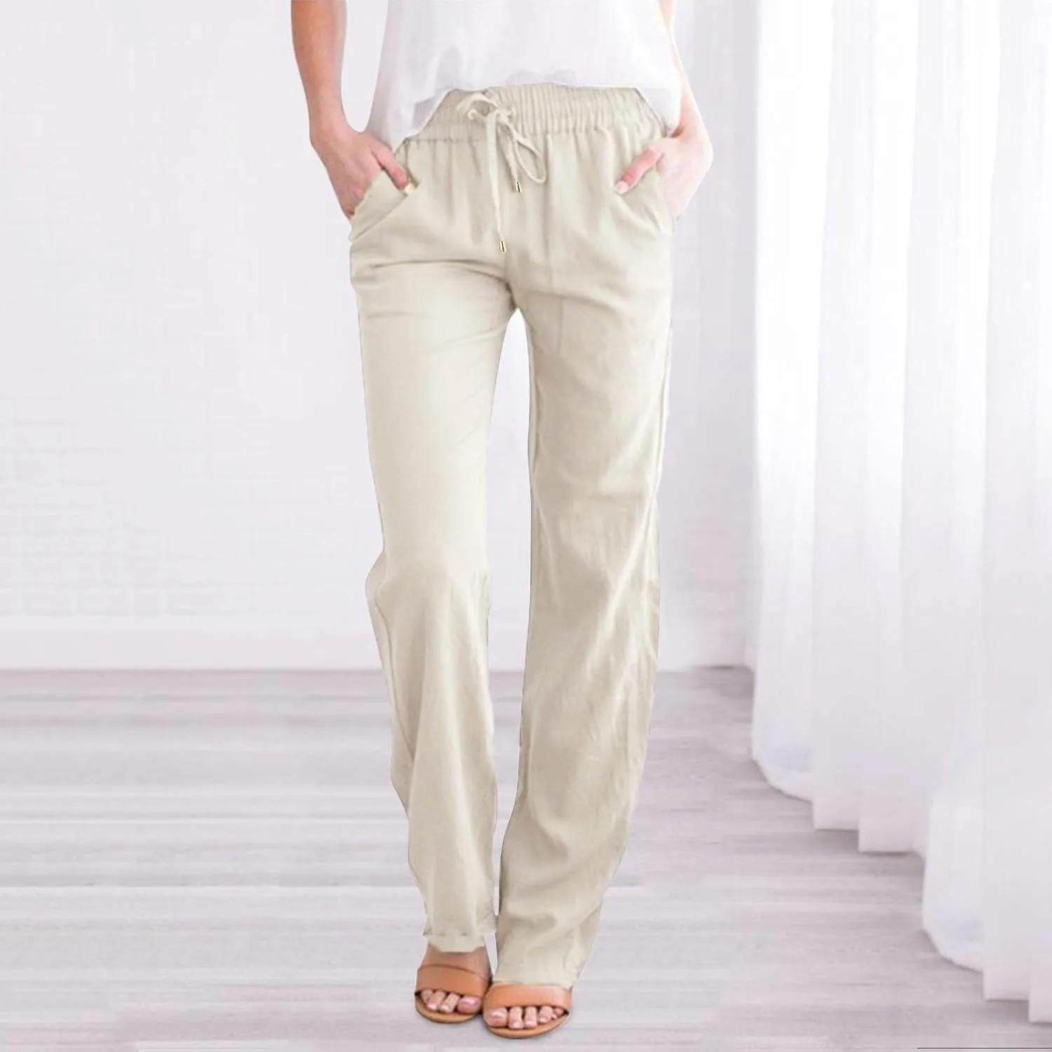 Women's Cotton Linen Pants Straight Leg Solid Lightweight Lounge Pant Casual Baggy Comfy Summer Trousers with Pockets