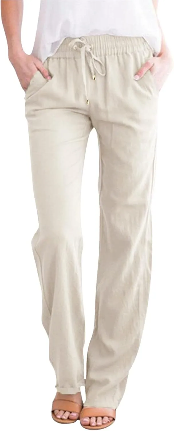 Women's Cotton Linen Pants Straight Leg Solid Lightweight Lounge Pant Casual Baggy Comfy Summer Trousers with Pockets