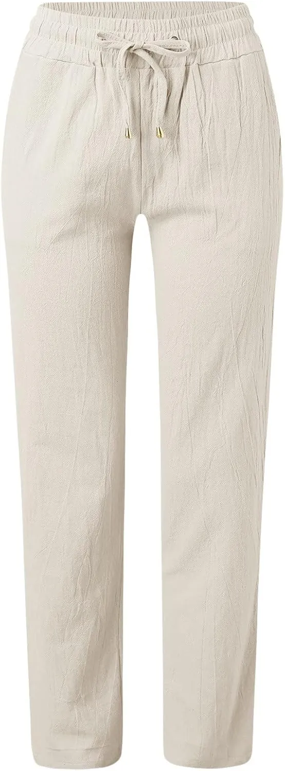 Women's Cotton Linen Pants Straight Leg Solid Lightweight Lounge Pant Casual Baggy Comfy Summer Trousers with Pockets