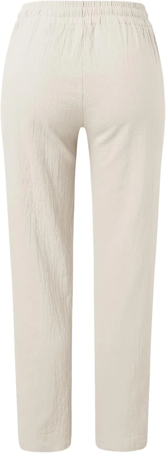 Women's Cotton Linen Pants Straight Leg Solid Lightweight Lounge Pant Casual Baggy Comfy Summer Trousers with Pockets