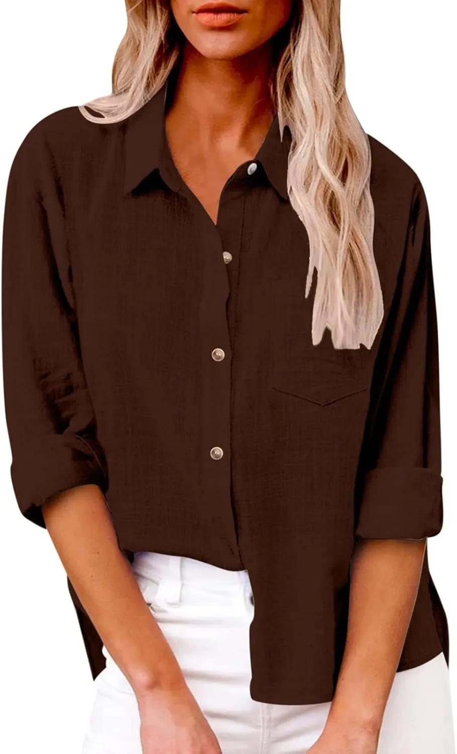 Womens Cotton Linen Shirt 2025 Spring Boyfriend Long Sleeve Solid Color Blouses Loose Work Tops with Pockets