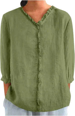Women's Cotton Linen Shirts V Neck Ruffle Solid Color Loose Blouse 3/4 Sleeve Summer 2025 Trendy Casual Shirt Tops