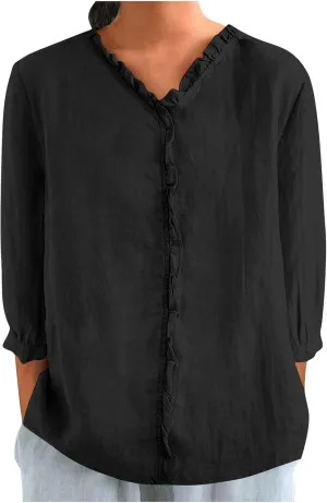 Women's Cotton Linen Shirts V Neck Ruffle Solid Color Loose Blouse 3/4 Sleeve Summer 2025 Trendy Casual Shirt Tops
