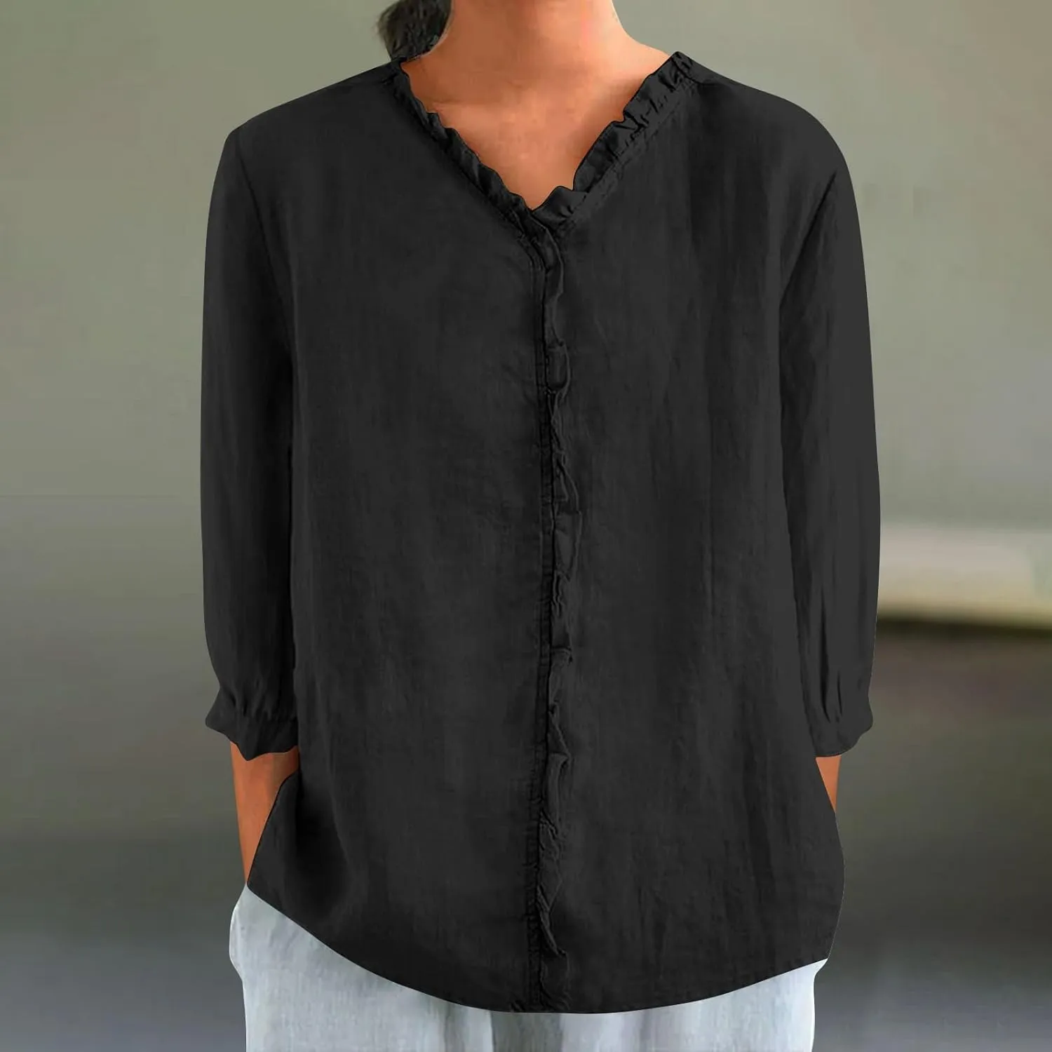 Women's Cotton Linen Shirts V Neck Ruffle Solid Color Loose Blouse 3/4 Sleeve Summer 2025 Trendy Casual Shirt Tops