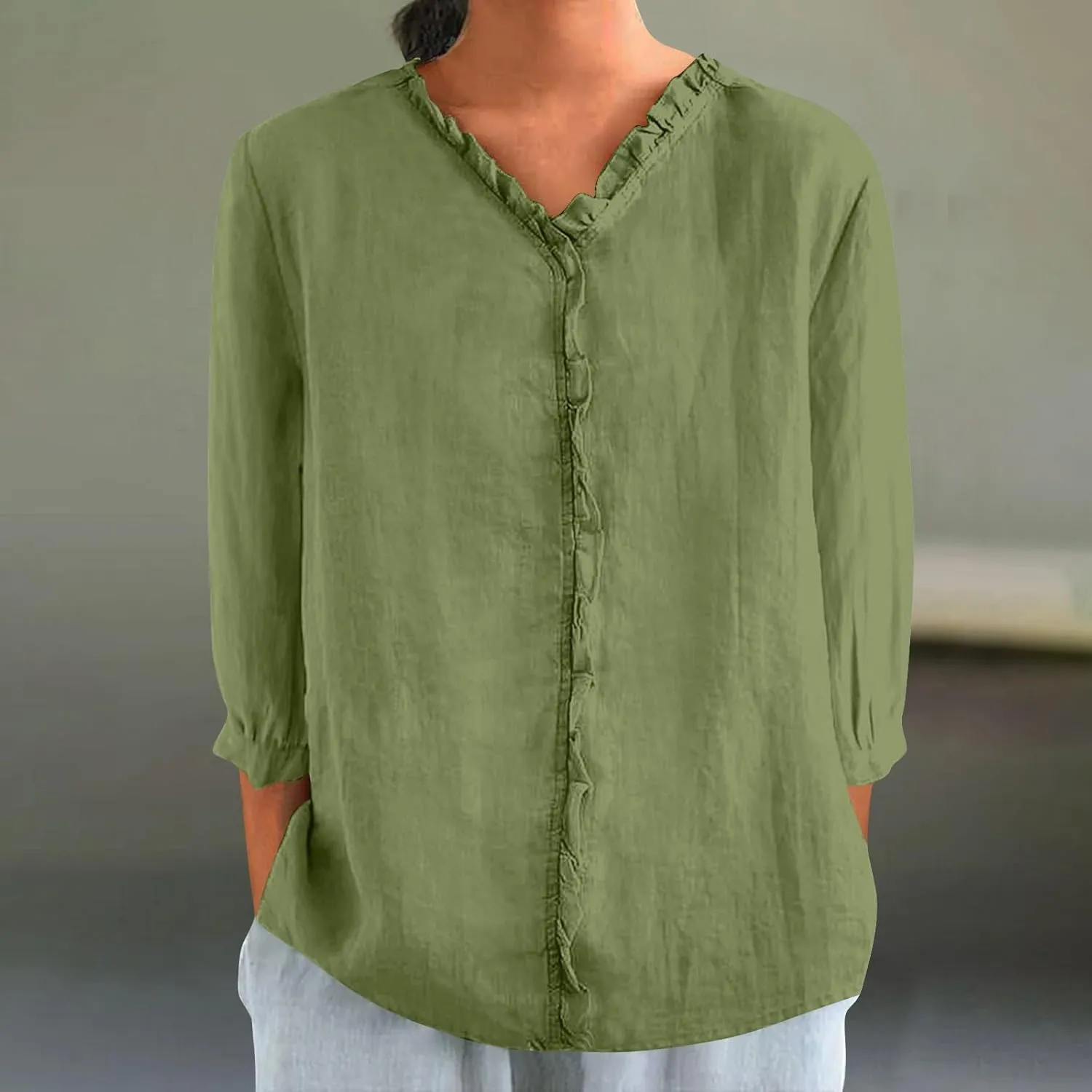 Women's Cotton Linen Shirts V Neck Ruffle Solid Color Loose Blouse 3/4 Sleeve Summer 2025 Trendy Casual Shirt Tops