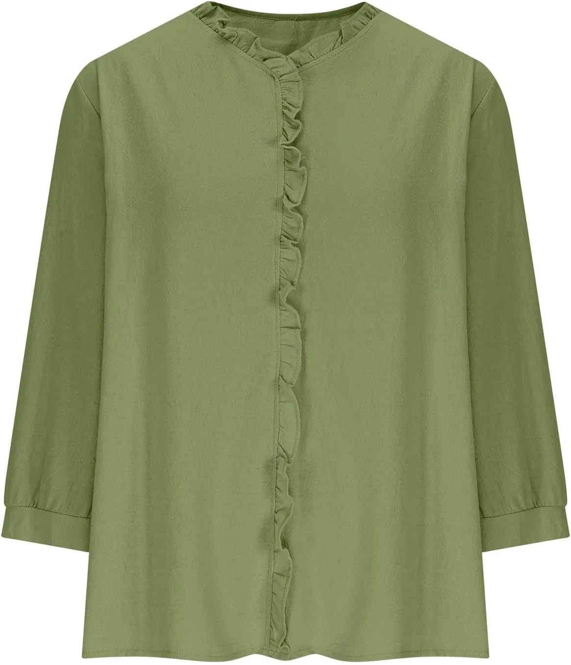 Women's Cotton Linen Shirts V Neck Ruffle Solid Color Loose Blouse 3/4 Sleeve Summer 2025 Trendy Casual Shirt Tops