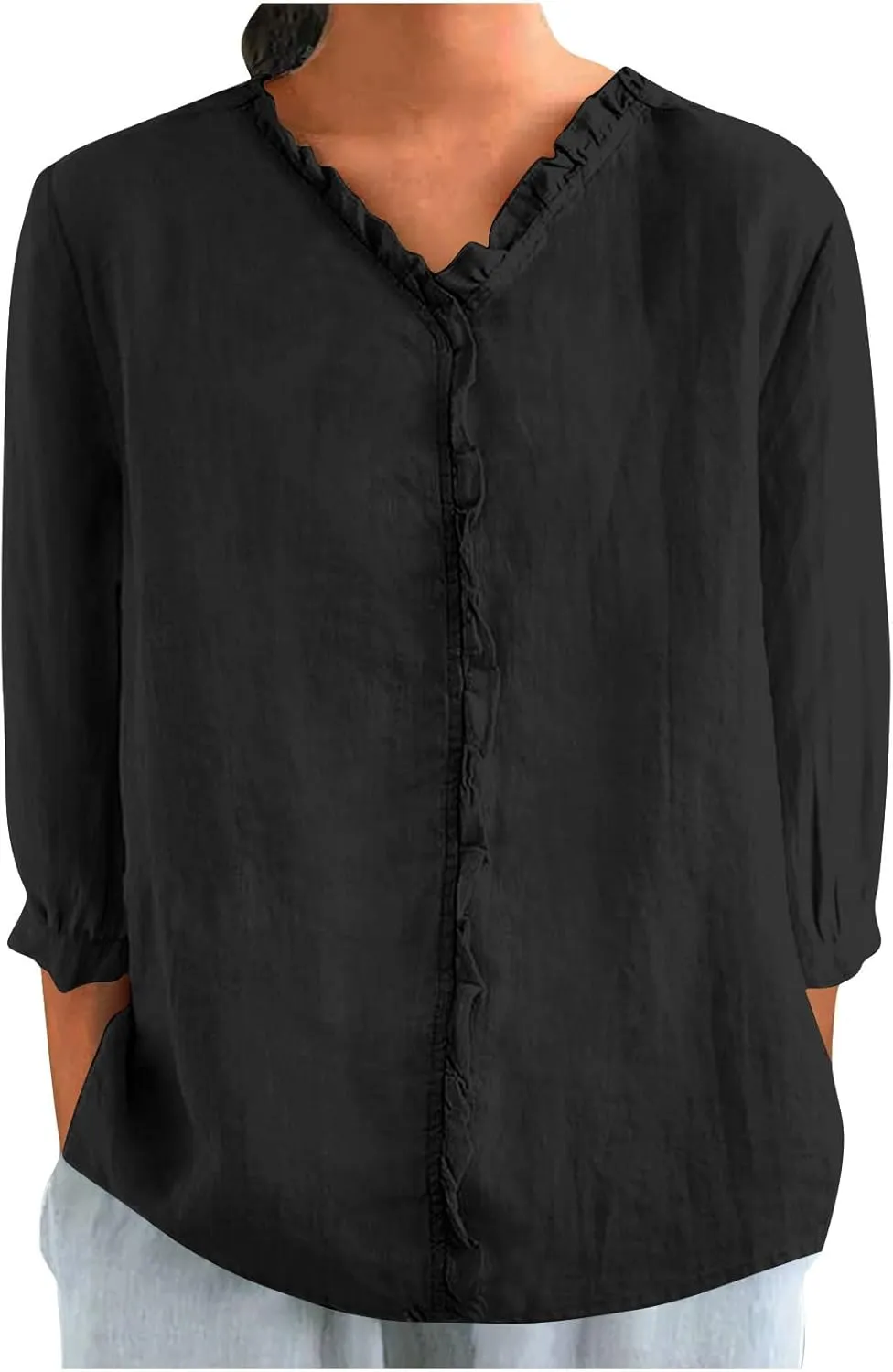 Women's Cotton Linen Shirts V Neck Ruffle Solid Color Loose Blouse 3/4 Sleeve Summer 2025 Trendy Casual Shirt Tops