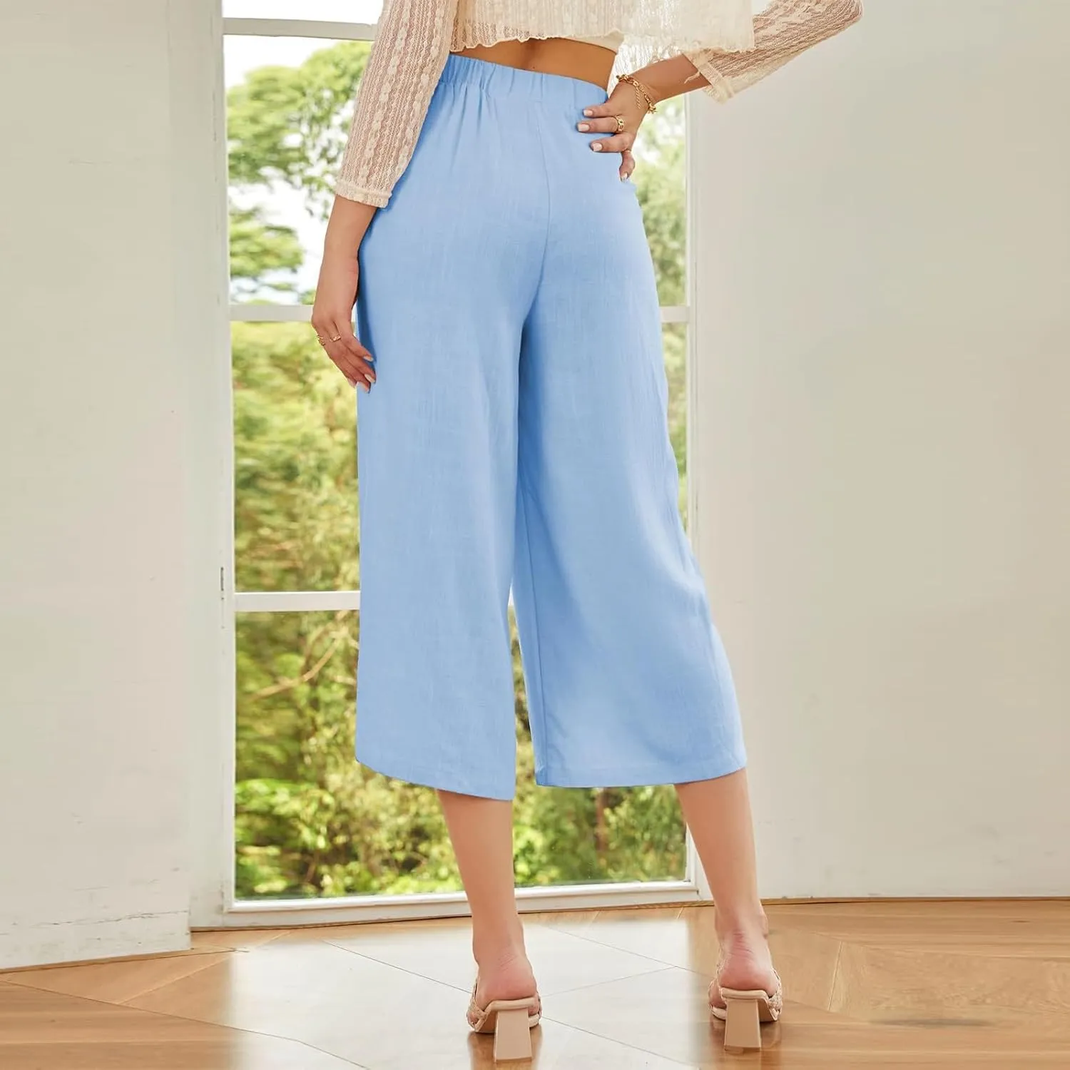 Women's Cotton Linen Summer Pants Palazzo Elastic Waist Wide Leg High Waisted Beach Trousers Palazzo with Pockets