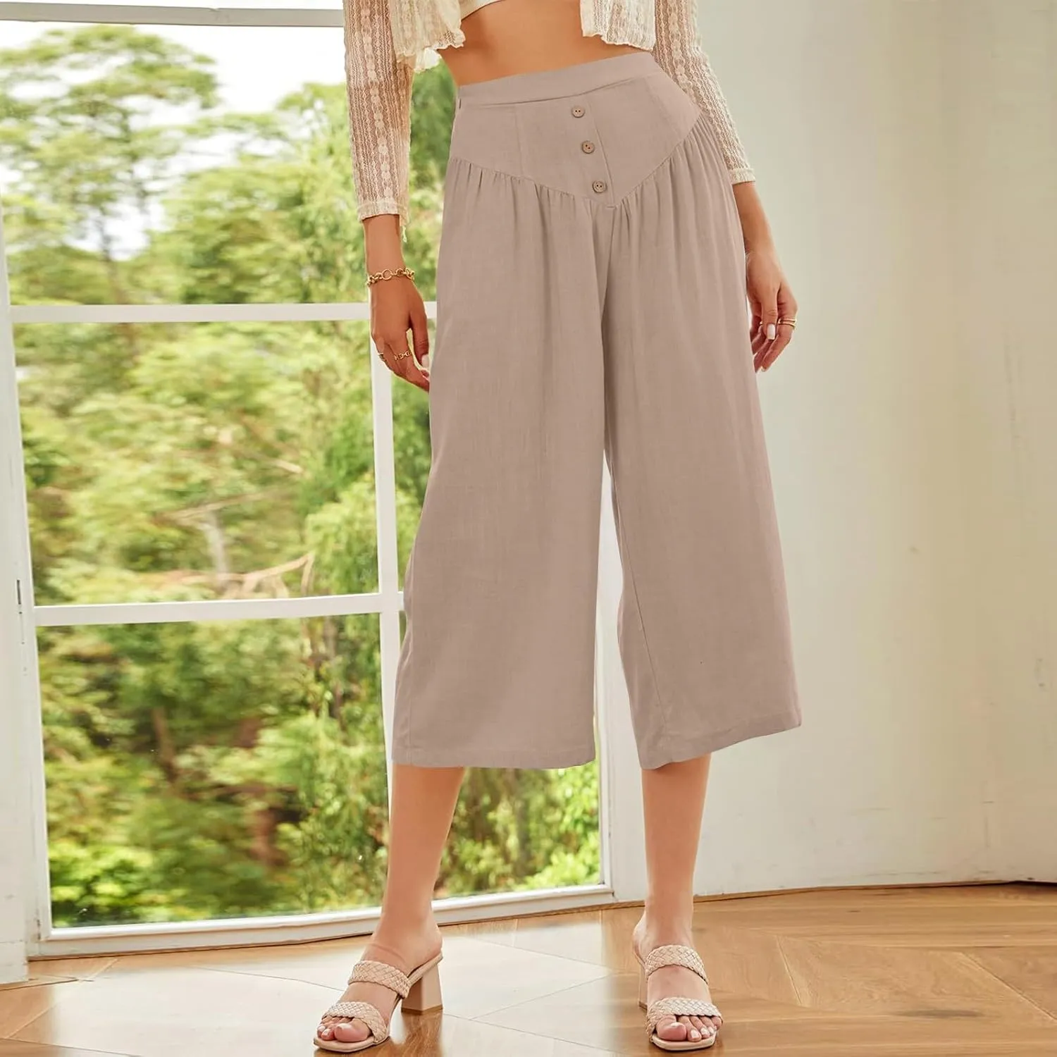 Women's Cotton Linen Summer Pants Palazzo Elastic Waist Wide Leg High Waisted Beach Trousers Palazzo with Pockets