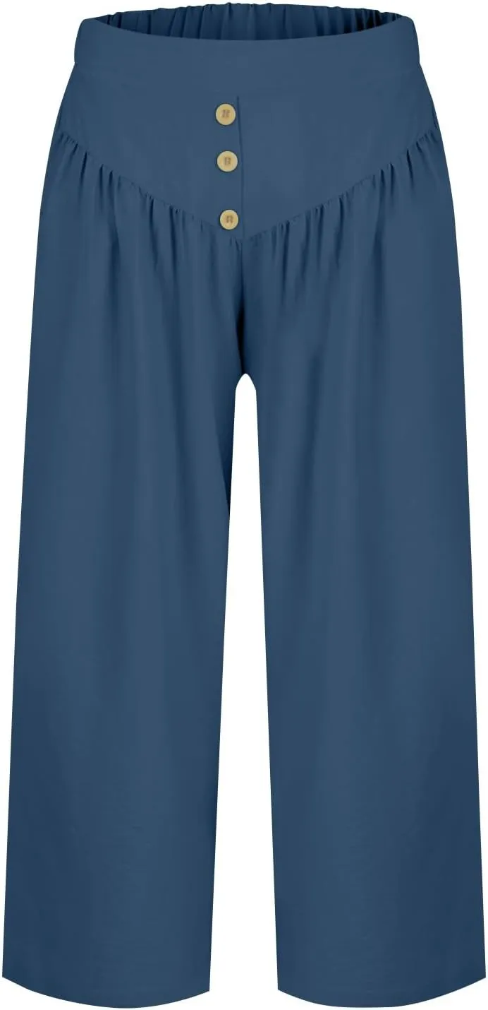 Women's Cotton Linen Summer Pants Palazzo Elastic Waist Wide Leg High Waisted Beach Trousers Palazzo with Pockets