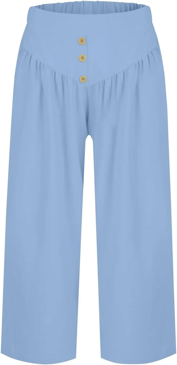 Women's Cotton Linen Summer Pants Palazzo Elastic Waist Wide Leg High Waisted Beach Trousers Palazzo with Pockets