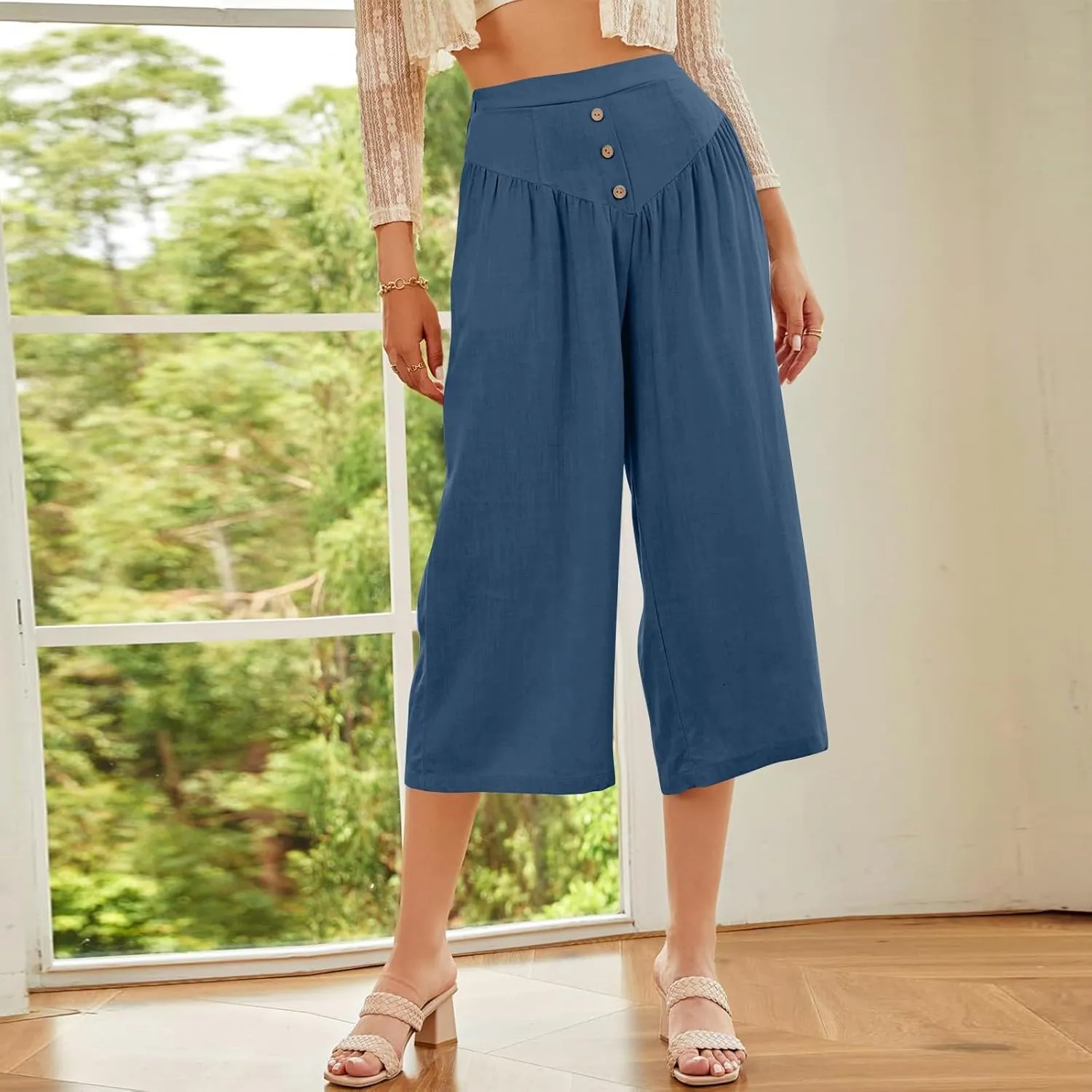 Women's Cotton Linen Summer Pants Palazzo Elastic Waist Wide Leg High Waisted Beach Trousers Palazzo with Pockets