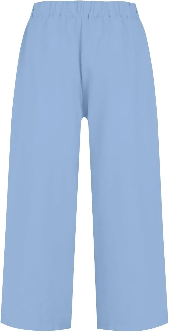 Women's Cotton Linen Summer Pants Palazzo Elastic Waist Wide Leg High Waisted Beach Trousers Palazzo with Pockets