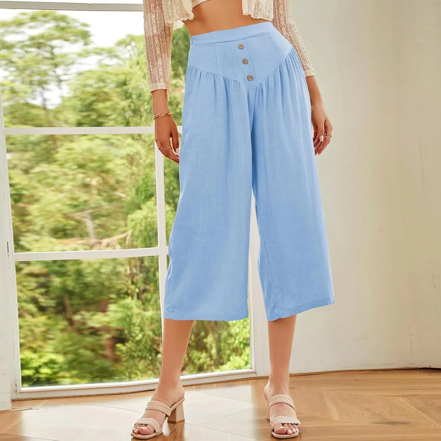 Women's Cotton Linen Summer Pants Palazzo Elastic Waist Wide Leg High Waisted Beach Trousers Palazzo with Pockets