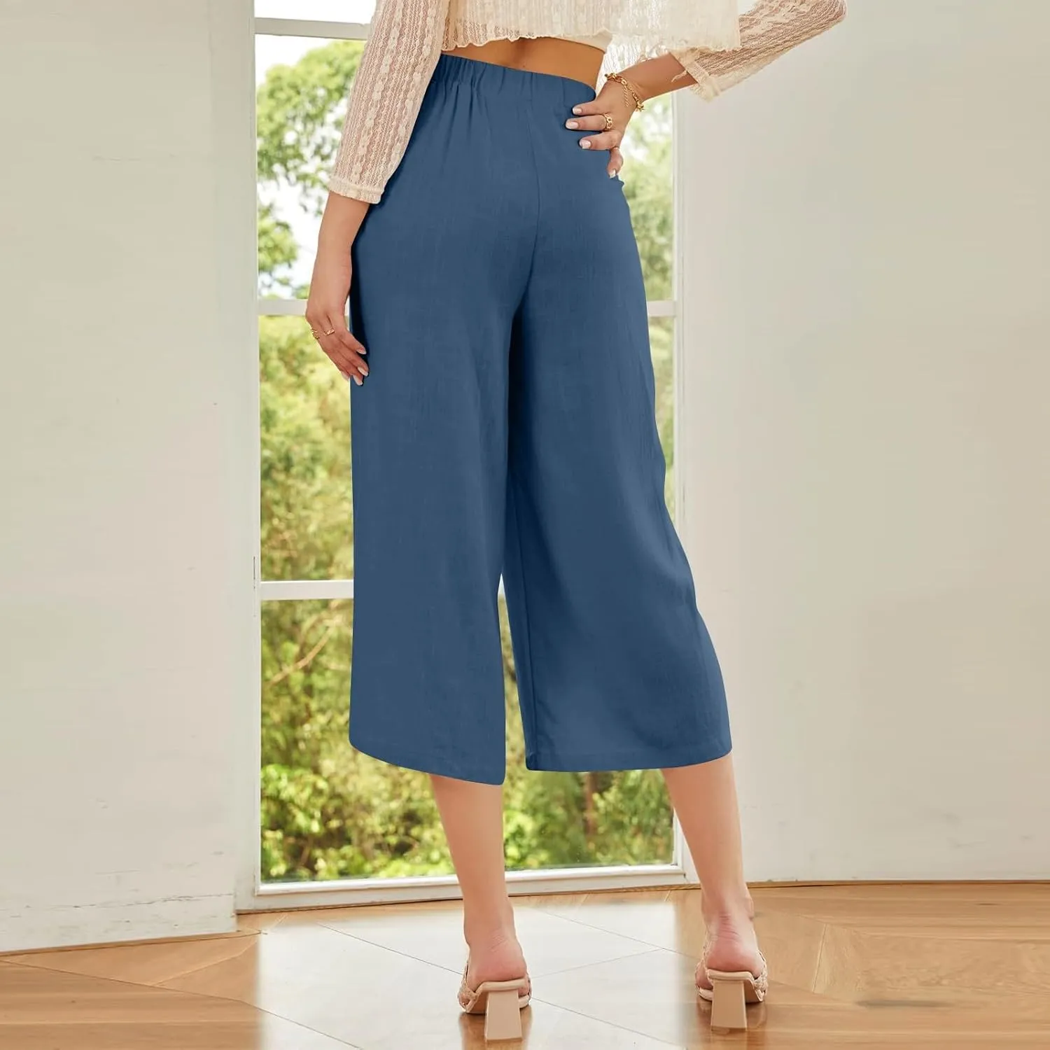 Women's Cotton Linen Summer Pants Palazzo Elastic Waist Wide Leg High Waisted Beach Trousers Palazzo with Pockets