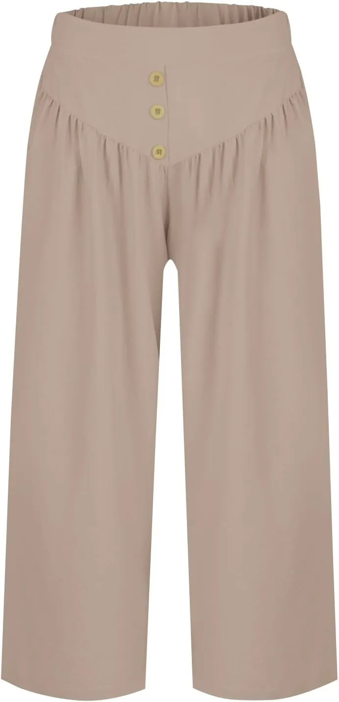 Women's Cotton Linen Summer Pants Palazzo Elastic Waist Wide Leg High Waisted Beach Trousers Palazzo with Pockets